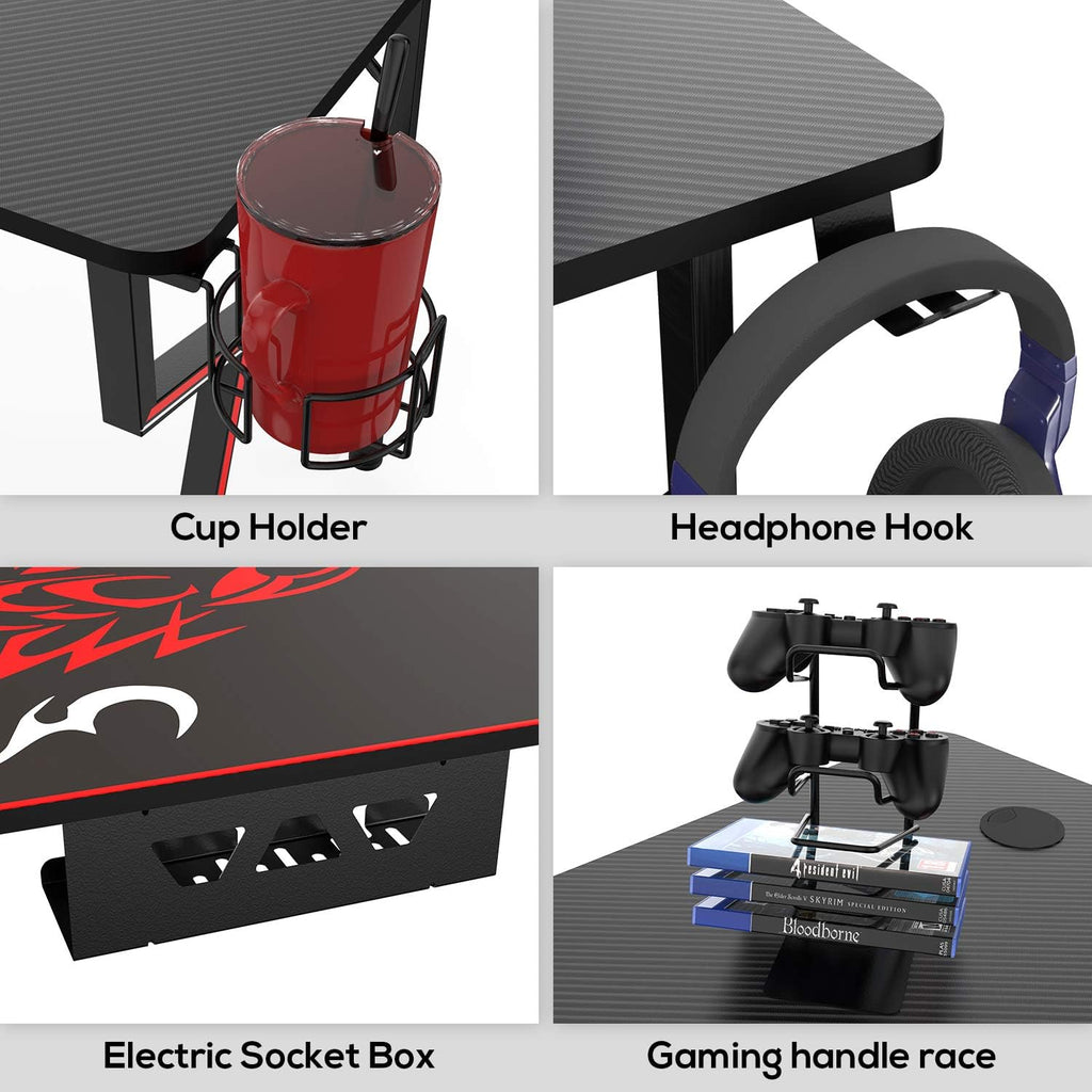EE  Gaming Desk Office Desk Computer Desk Home Table 47 Inch Desk with Mouse Pad Headset Hook Cup Holder Controller Stand, Black