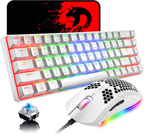 60% Mechanical Gaming Keyboard Mini 68 Keys Anti-Ghosting Wired Type C Chroma RGB 18 Backlit Effects,Lightweight Gaming Mosue 6400DPI Honeycomb Optical,116 PBT Pudding Keycaps for PC Gamers(White)