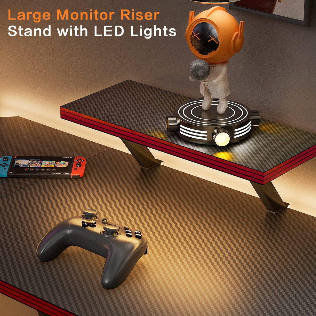 L Shaped Gaming Desk 51 Inch Computer Table, Carbon Fiber Surface Desktop, Monitor Stand with LED Strip, Cup Holder & Headphone Hook, 50.5 Inch, Black