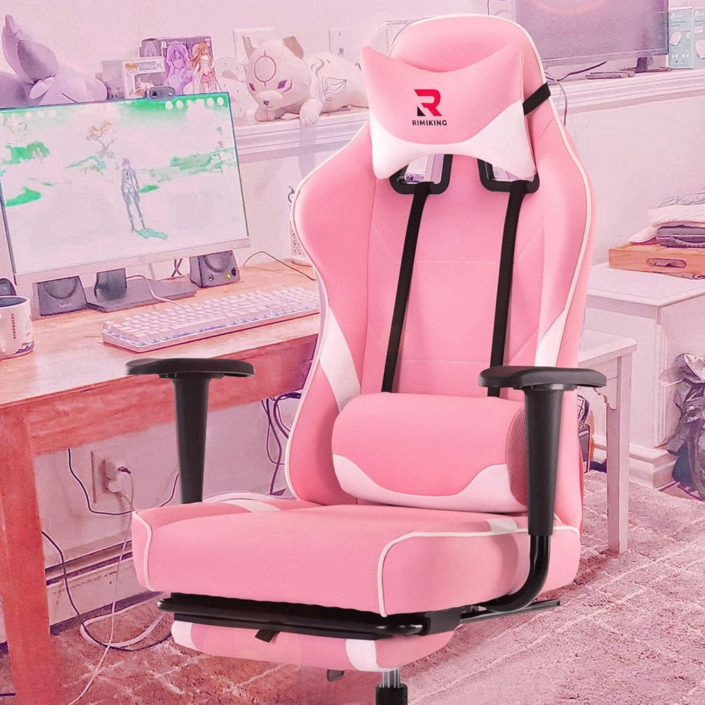 Massage Gaming Chair with Footrest Ergonomic Swivel Computer Chair with Adjustable Headrest and Lumbar Support, High Back Desk Chair Black 3609 (Pink)