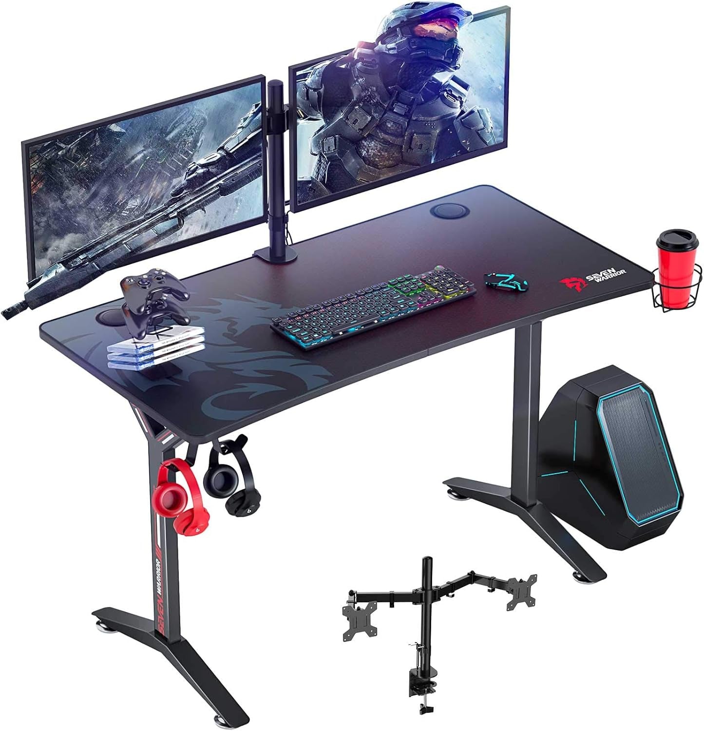 Gaming Desk 47INCH with Dual Monitor Mount, Carbon Fiber Surface Gamer Desk with Full Desk Mouse Pad, Ergonomic Y Shaped Gamer Table with Outlet Organizer, Gaming Rack