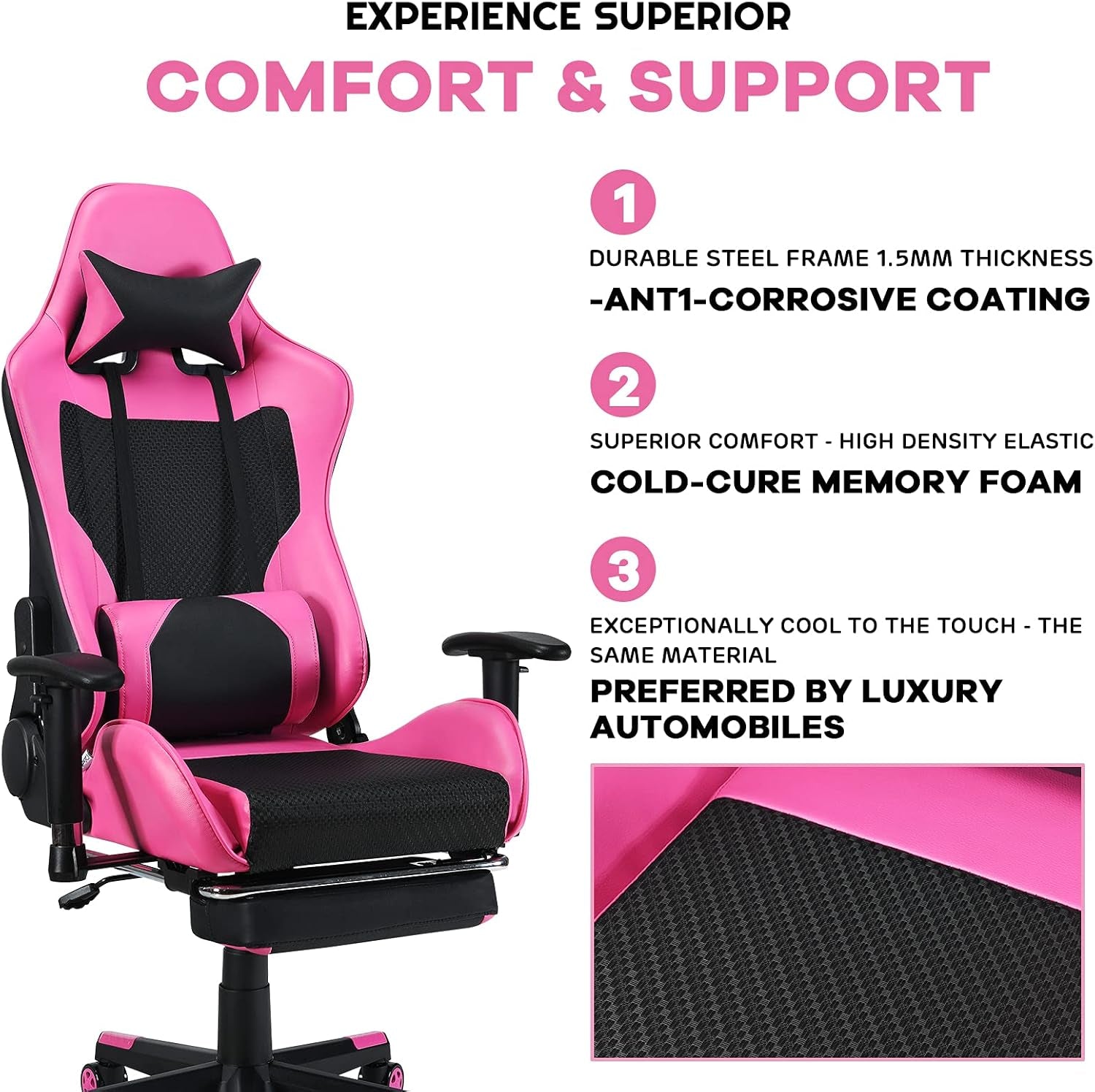 Gaming Chair - Pink Gamer Chair with Footrest Racing Esports Computer Chair Massage Lumbar Support Leather Recliner