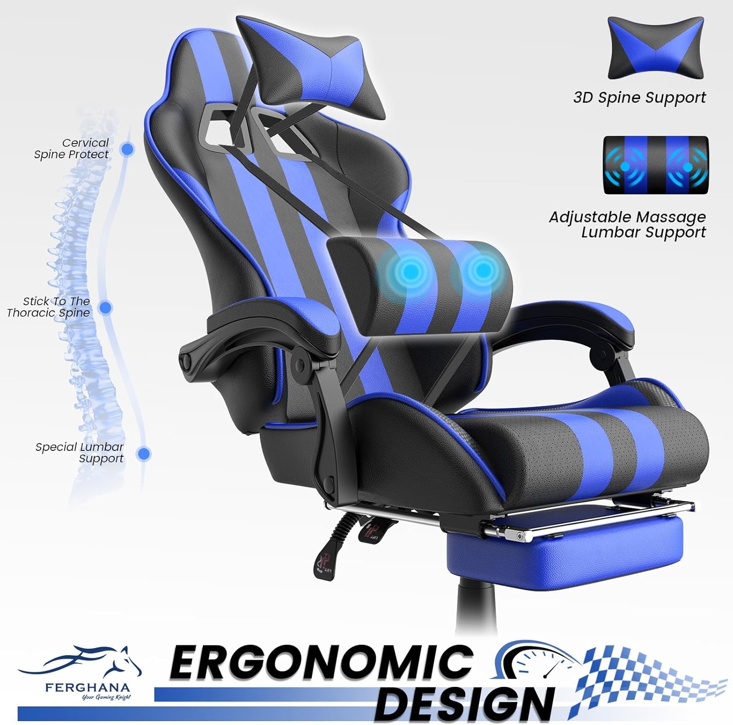 Blue Gaming Chairs with Footrest, PC Gaming Chairs for Adults Teens, Racing Style, Luxurious Comfort, Waterproof PU Leather