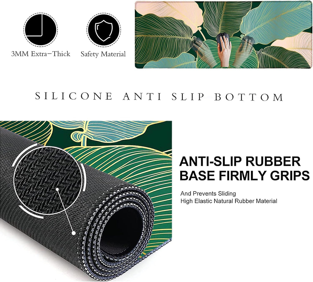 Desk Pad, Keyboard Mouse Pad, Large Anti-Slip Rubber Base Mousepad with Stitched Edges, Extended Long Mice Pad for Computer,Laptop,Work,Office, 31.5 X 11.8 Inch, Gold Green Leaves Line Art