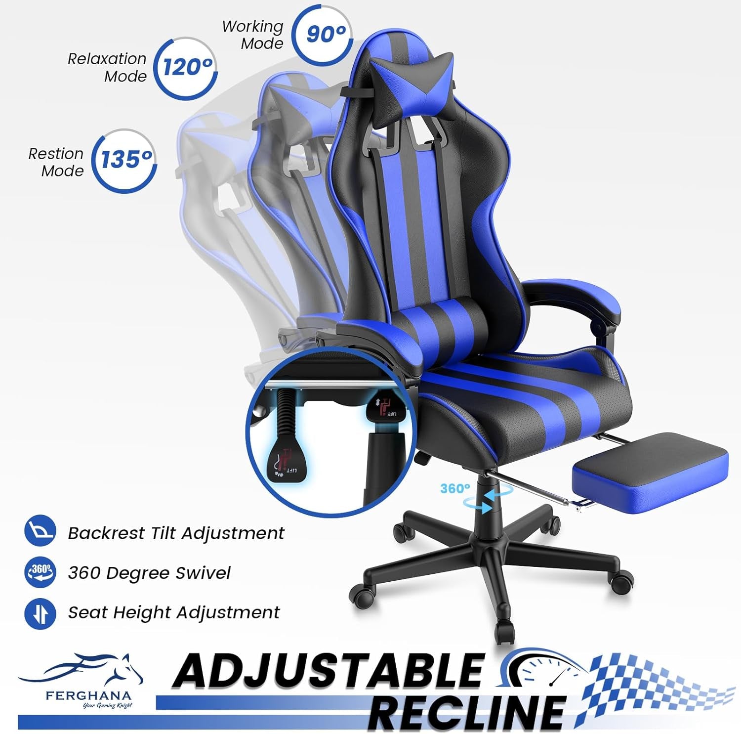 Blue Gaming Chairs with Footrest, PC Gaming Chairs for Adults Teens, Racing Style, Luxurious Comfort, Waterproof PU Leather