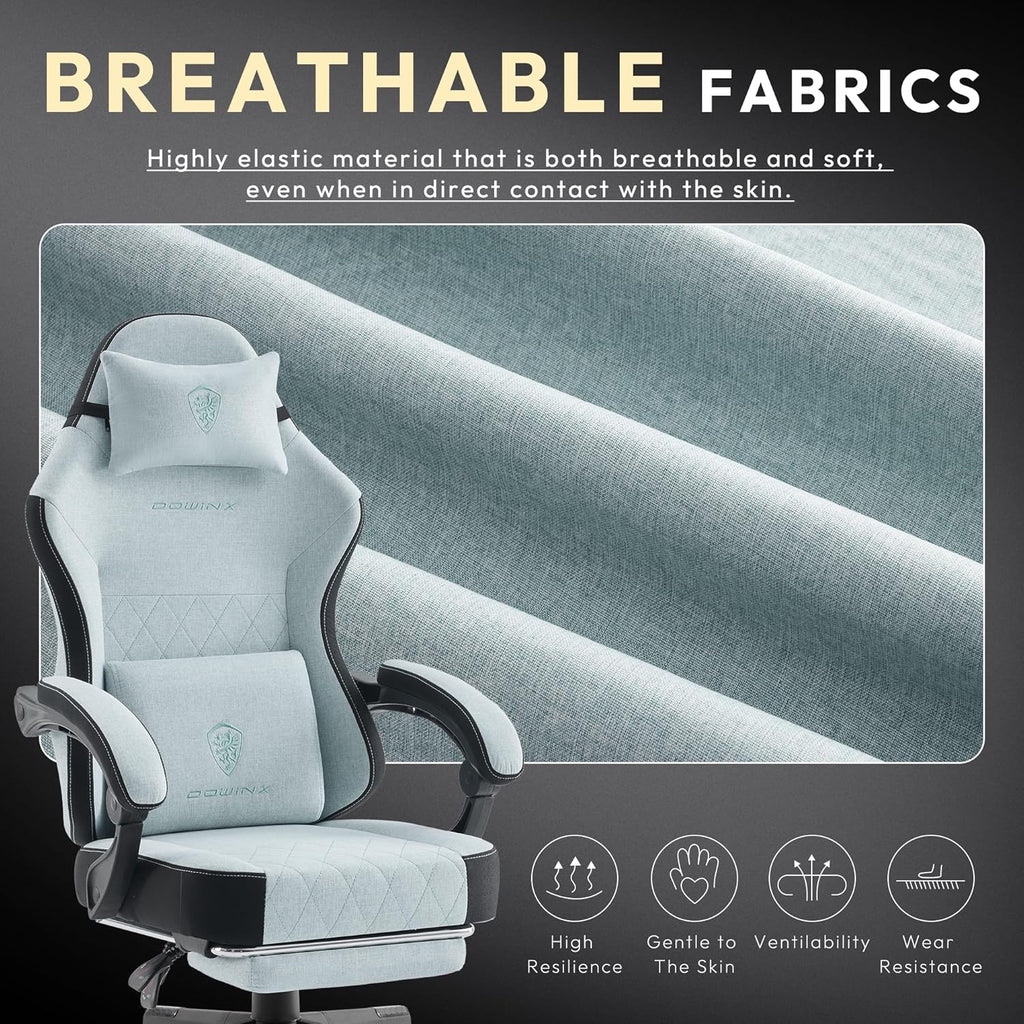 Gaming Chair, Breathable Fabric Computer Chair with Pocket Spring Cushion, Ergonomic Massage Gamer Chair with Lumbar Support and Footrest, Height Adjustable Office Game Chairs for Adults, Aqua