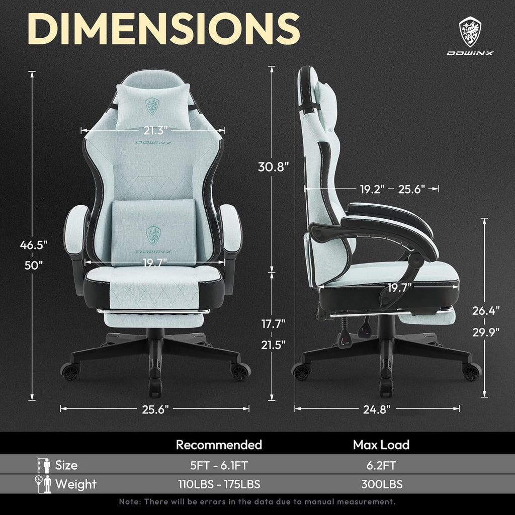 Gaming Chair, Breathable Fabric Computer Chair with Pocket Spring Cushion, Ergonomic Massage Gamer Chair with Lumbar Support and Footrest, Height Adjustable Office Game Chairs for Adults, Aqua