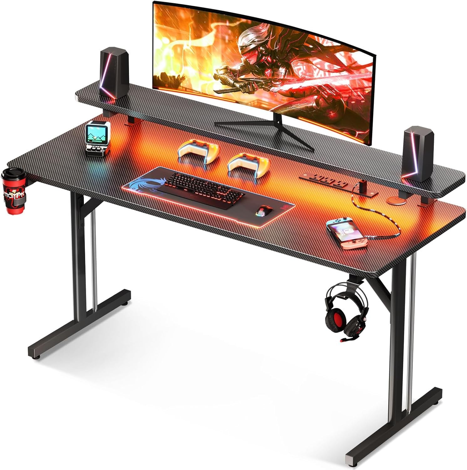 Gaming Desk with LED Lights & Power Outlet, Computer Desk 56 Inch Home Office Desk T-Shaped Gaming Table, Carbon Fiber Gaming Computer Desk with Cup Holder Rack and Headphone Hook, Black