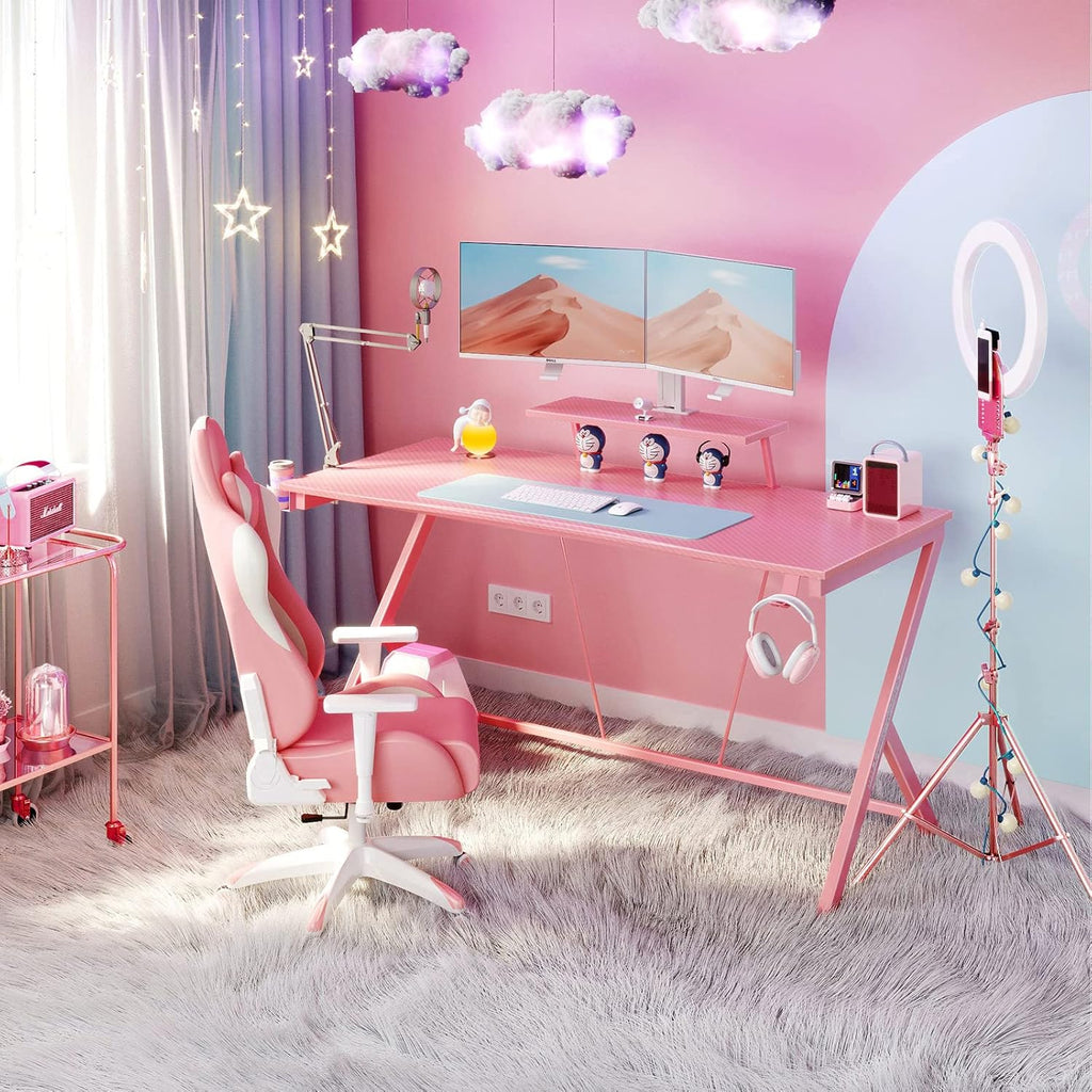 Gaming Desk 60" with Monitor Shelf Gaming Table Desk for Girls Home Computer Desk with Cup Holder and Headphone Hook Gamer Workstation Game Table, Pink