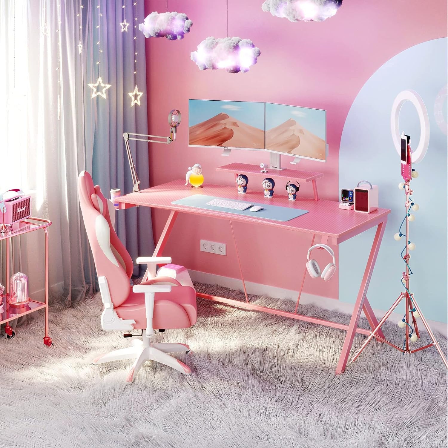 Gaming Desk 60" with Monitor Shelf Gaming Table Desk for Girls Home Computer Desk with Cup Holder and Headphone Hook Gamer Workstation Game Table, Pink