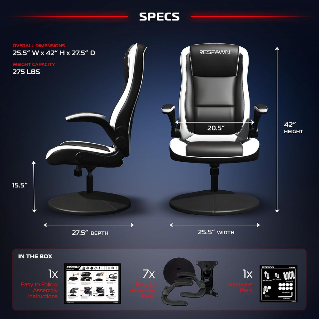 800 Swivel Rocker Gaming Chair - Ergonomic Floor Gaming Seat with Lumbar Support, Flip up Armrest, High Back, Pedestal Base, Comfortable No Wheels Console Video Game Rocker Chair - White