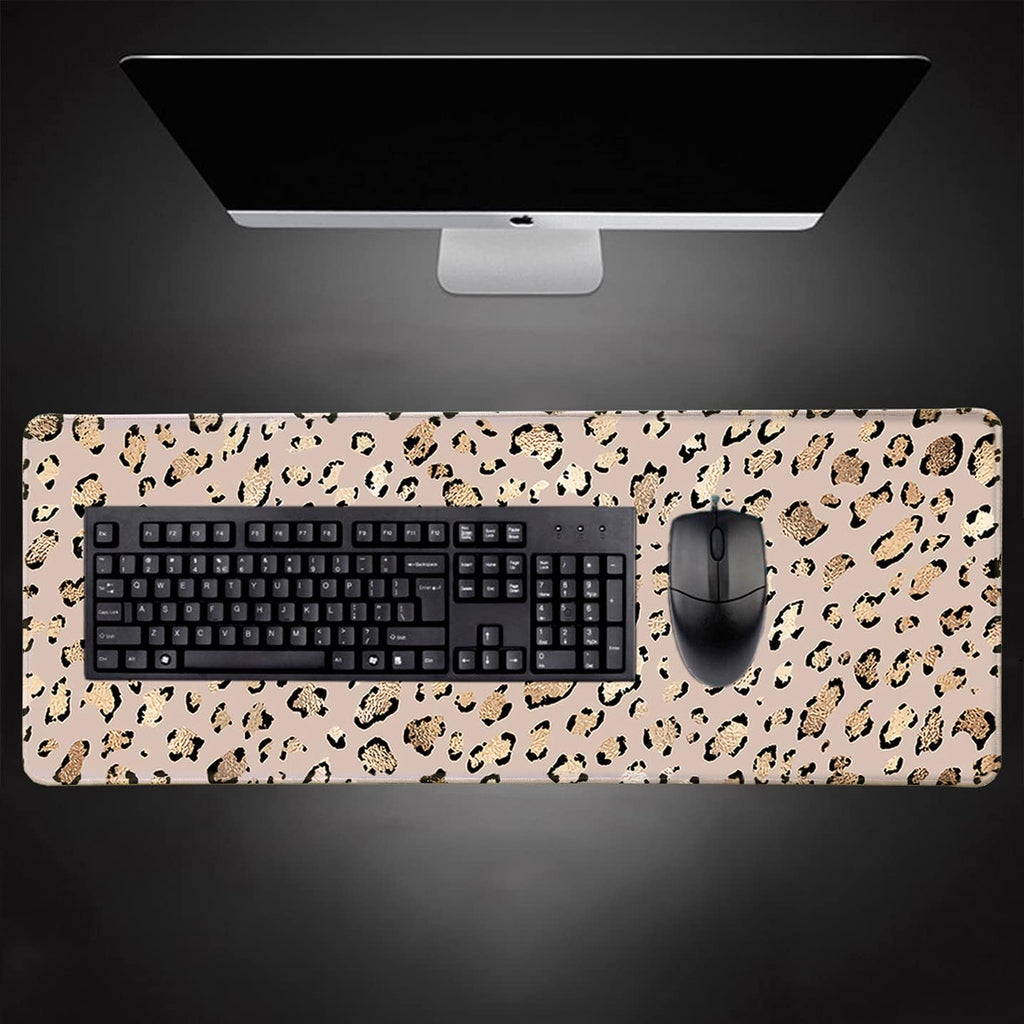 Large Gaming Mouse Pad, Desk Pad, Computer Keyboard Mouse Mat Non-Slip Mousepad Rubber Base and Stitched Edges for Gamer Home&Office, 31.5X11.8 Inch, Leopard Print Gold Shining Spots