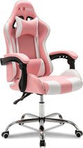 Gaming Chair with Massager, Fabric Gaming Chairs for Adults, Ergonomic Gamer Chair with Adjustable Headrest and Lumbar Support, Reclining Computer Game Chair, High Back, Pink White