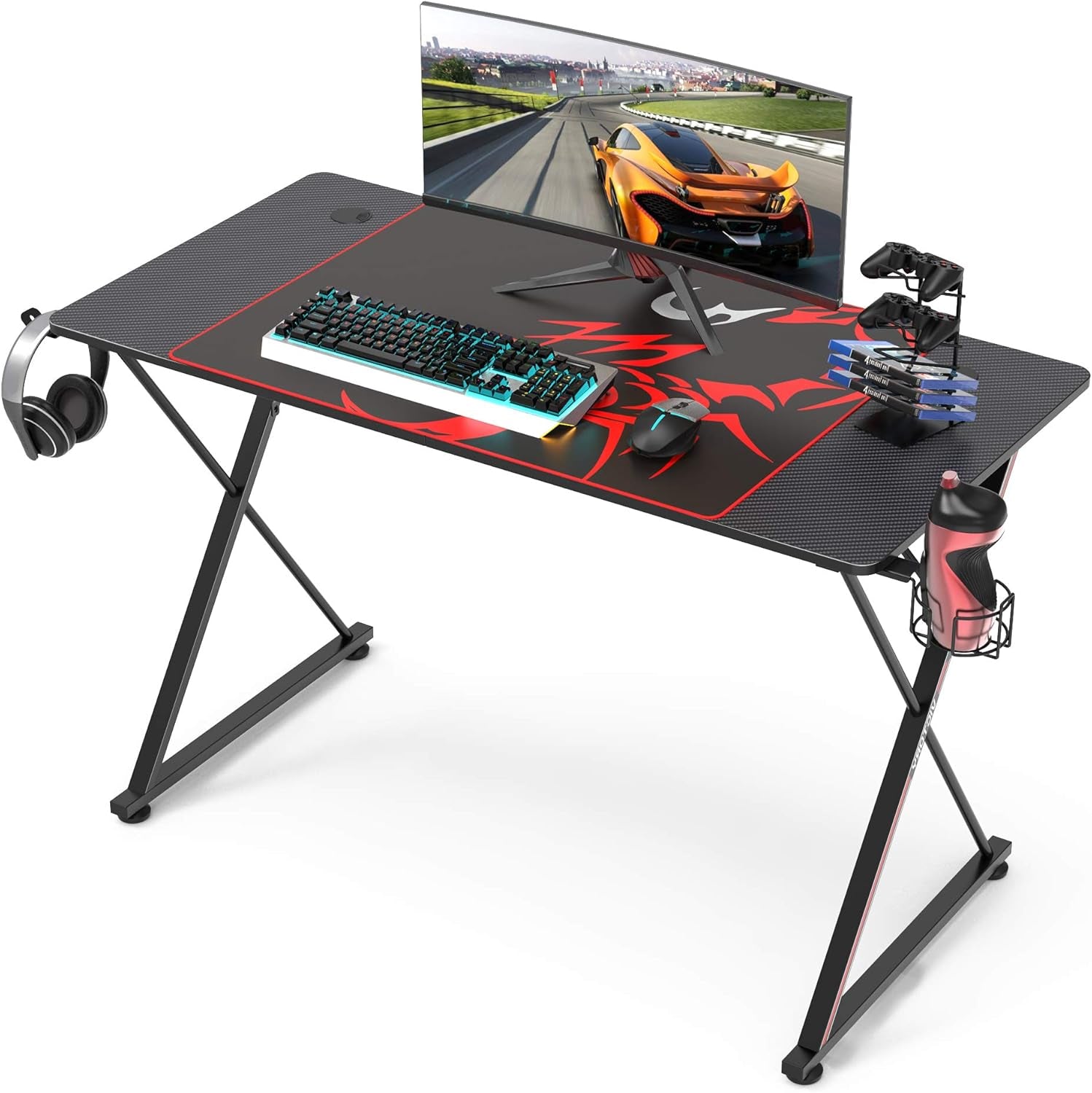 EE  Gaming Desk, 47 Inch Gamer Workstation, Carbon Fiber Surface Gaming Computer Desk with Large Mouse Pad, Controller Race, Headphone Hook, Cup Holder, Socket Holder,Black