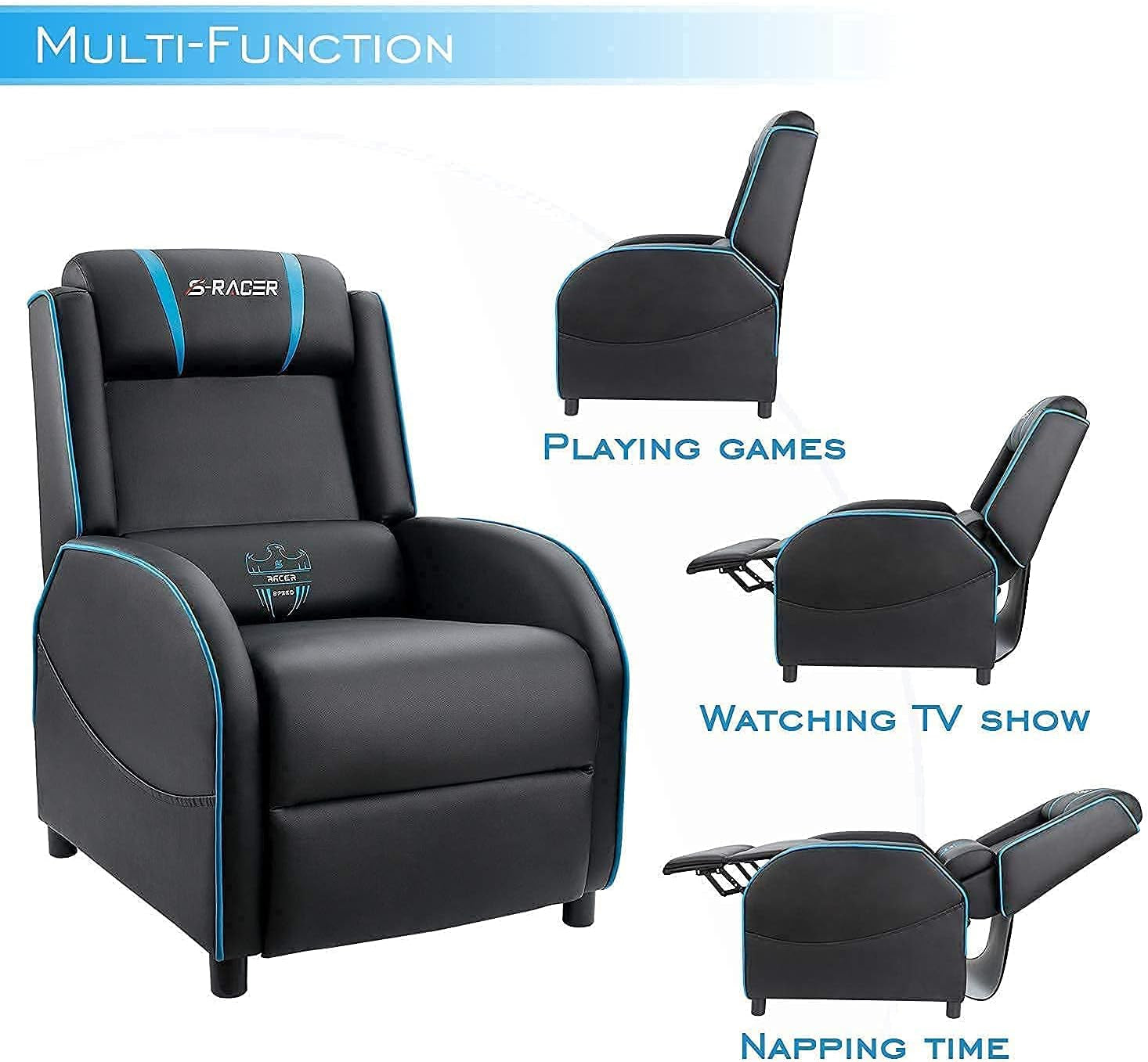 Massage Gaming Recliner Chair, Racing Style Gaming Sofa, PU Leather Home Theater Seating, Modern Living Room Recliners Ergonomic Comfortable Gamer Lounge (Blue)