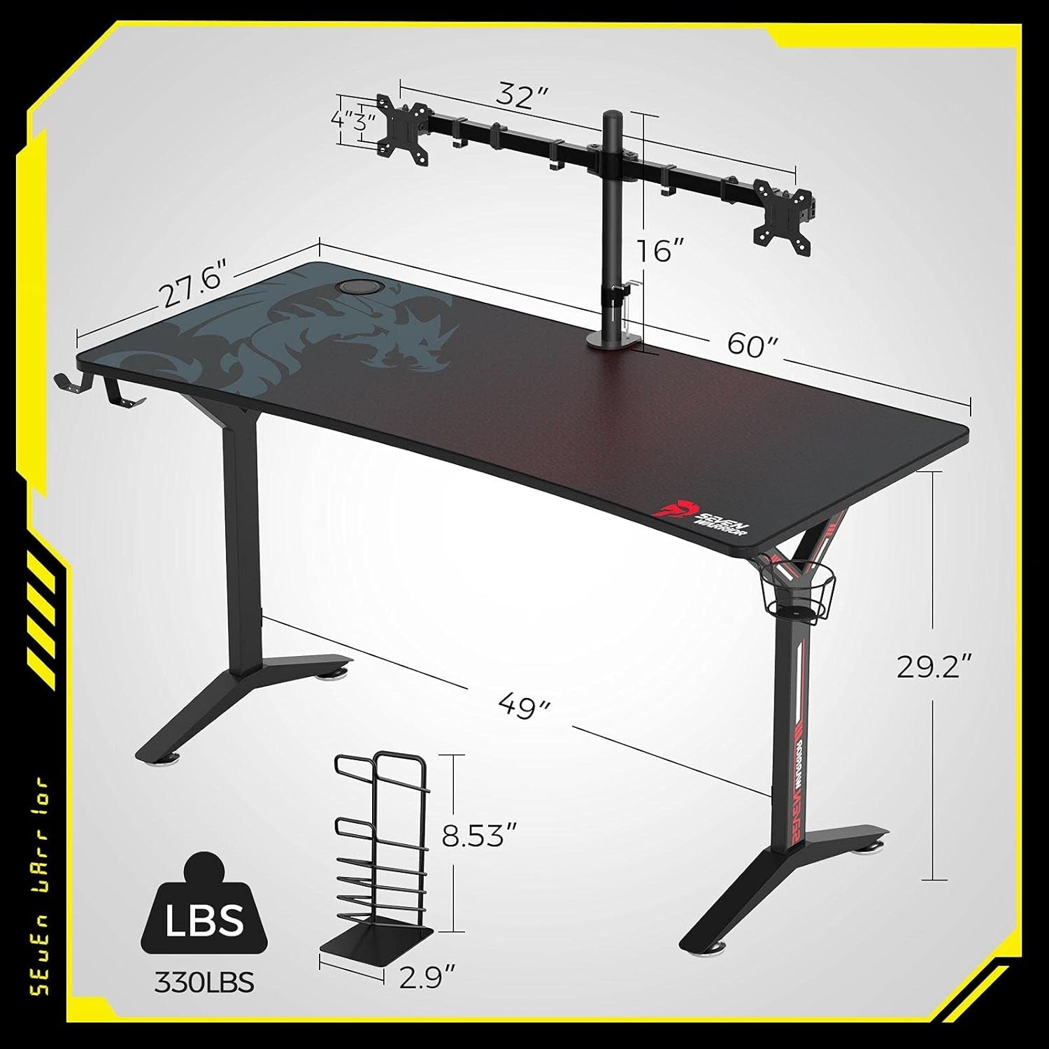 Gaming Desk 60INCH with Dual Monitor Mount, Carbon Fiber Surface Gamer Desk with Full Desk Mouse Pad, Ergonomic Y Shaped Gamer Table with Outlet Organizer, Gaming Rack