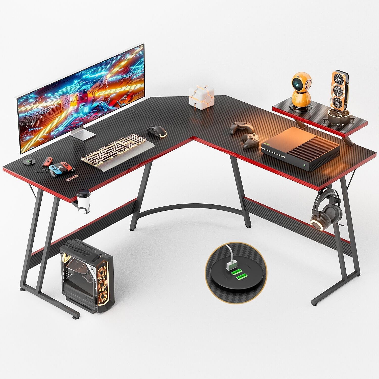 L Shaped Gaming Desk 51 Inch Computer Table, Carbon Fiber Surface Desktop, Monitor Stand with LED Strip, Cup Holder & Headphone Hook, 50.5 Inch, Black