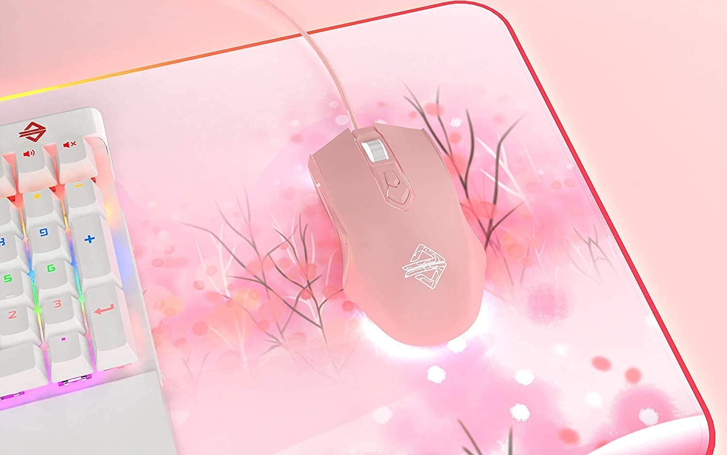 AJ52 RGB Wired Gaming Mouse, 7 Programmable Buttons, Computer Mice with RGB Lighting, 200-4800 DPI Adjustable, for Pc/Laptop (Pink)