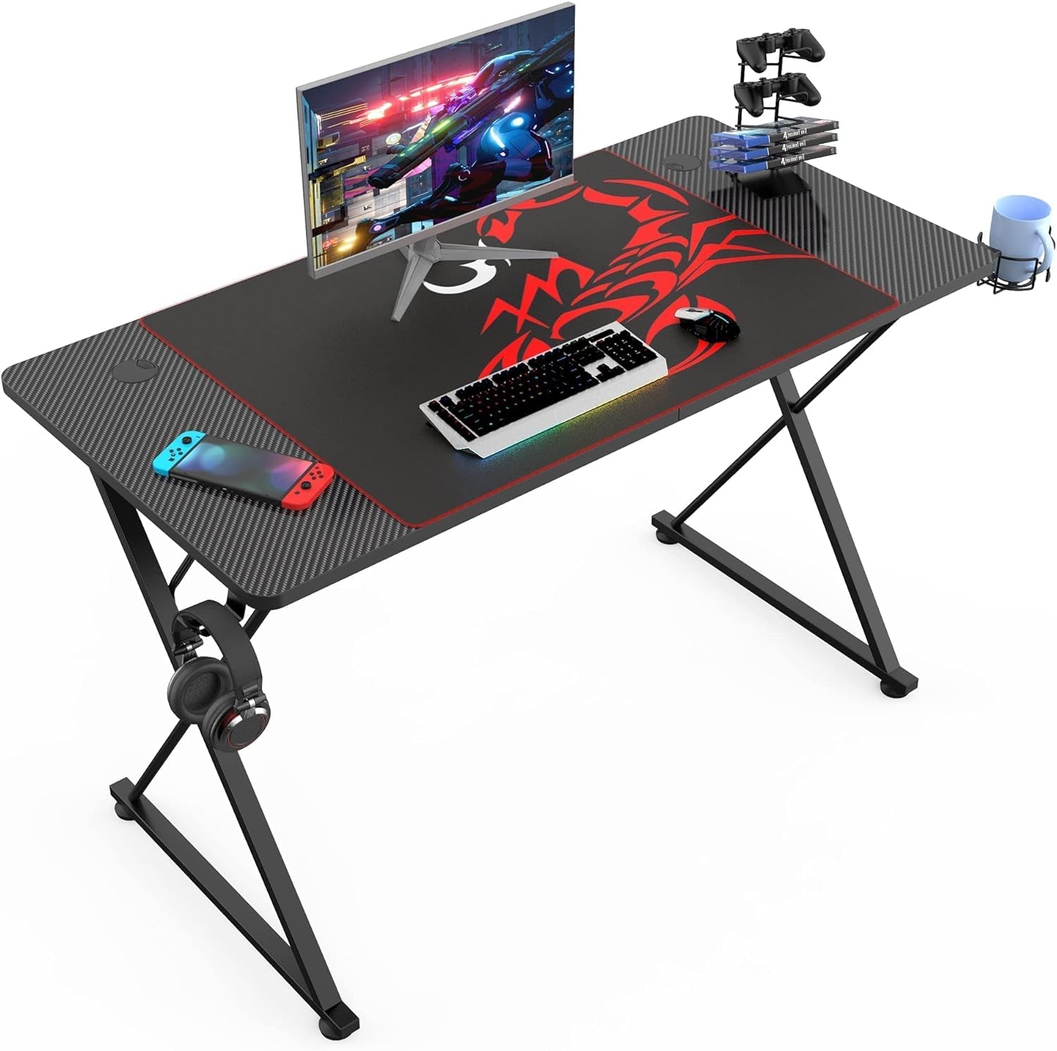 Gaming Desk 47 Inch PC Computer Desk Home Office Student Desk X-Shaped with Mouse Pad Cup Holder Headphone Hook Handle Rack,Black