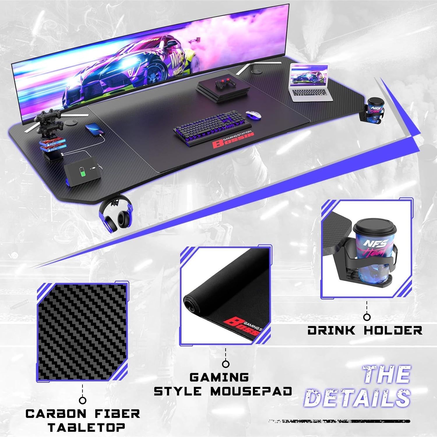 Gaming Desk 63 Inch Gamer Computer Desk Racing Style Office Table Gamer Pc Z Shaped Game Station with Free Mouse Pad,Usb Charging,Handle Rack, Cup Holder and Headphone Hook(63Inch, Black)