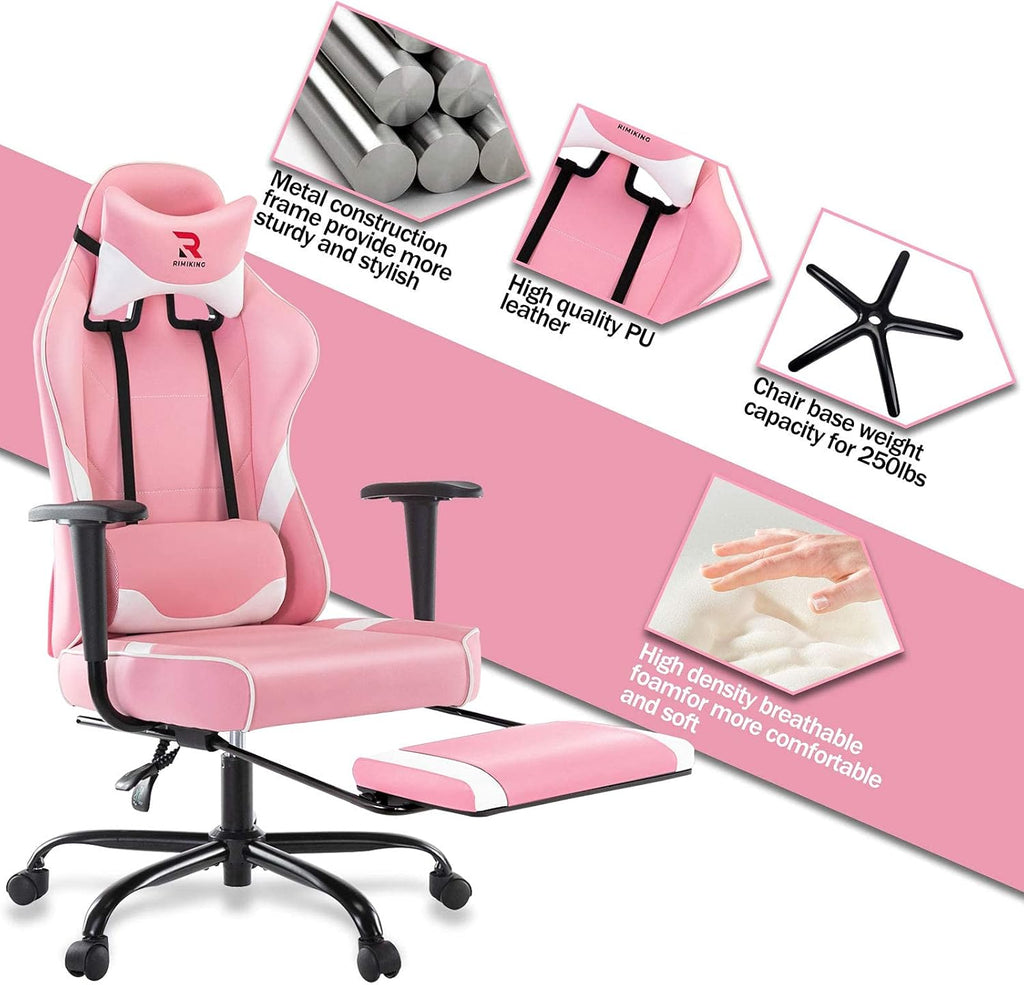 Massage Gaming Chair with Footrest Ergonomic Swivel Computer Chair with Adjustable Headrest and Lumbar Support, High Back Desk Chair Black 3609 (Pink)