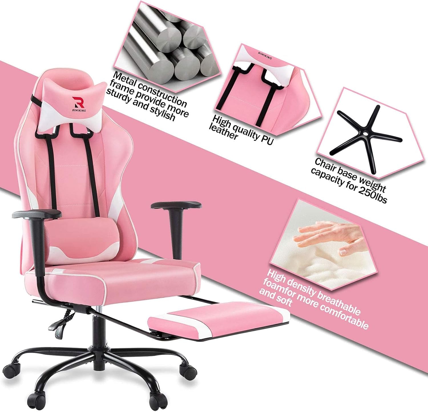 Massage Gaming Chair with Footrest Ergonomic Swivel Computer Chair with Adjustable Headrest and Lumbar Support, High Back Desk Chair Black 3609 (Pink)