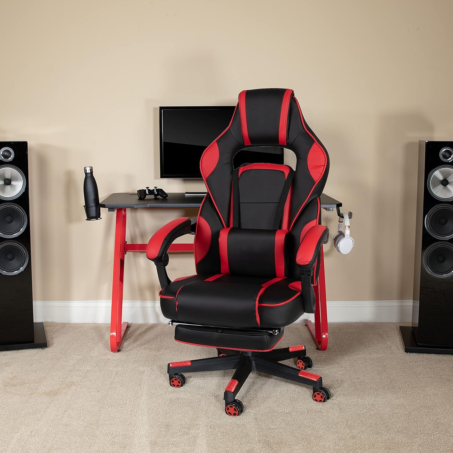 Gaming Bundle-Cup/Headphone Desk & Red Reclining Footrest Chair