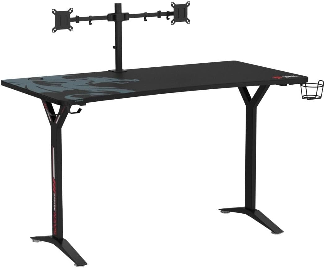 Gaming Desk 60INCH with Dual Monitor Mount, Carbon Fiber Surface Gamer Desk with Full Desk Mouse Pad, Ergonomic Y Shaped Gamer Table with Outlet Organizer, Gaming Rack