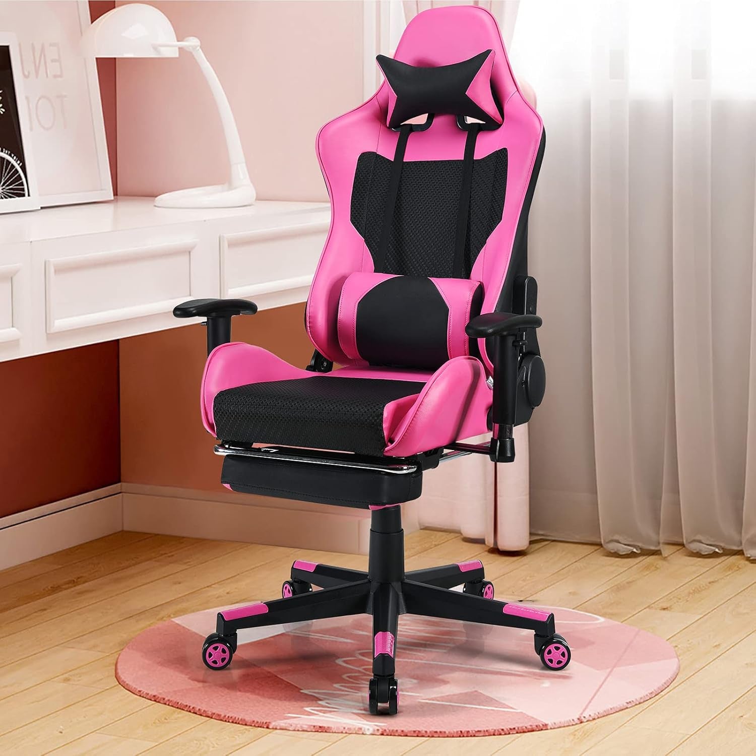 Gaming Chair - Pink Gamer Chair with Footrest Racing Esports Computer Chair Massage Lumbar Support Leather Recliner