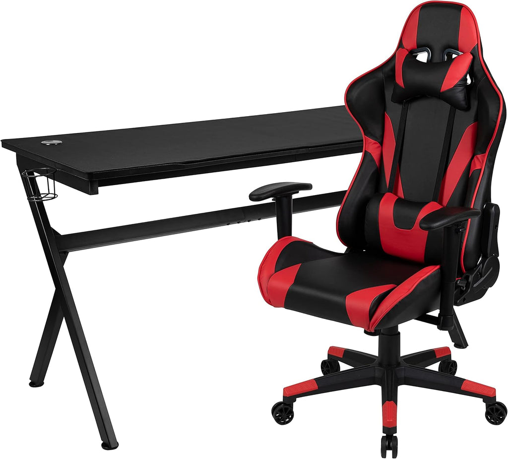 Black/Red Gaming Desk Bundle - Cup/Headset Holder/Mouse Pad Top