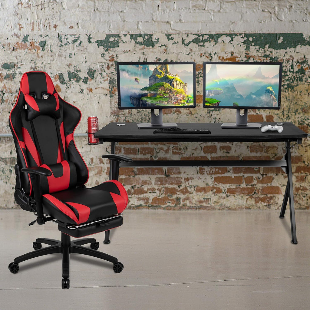 Black/Red Gaming Desk Bundle - Cup/Headset Holder/Mouse Pad Top
