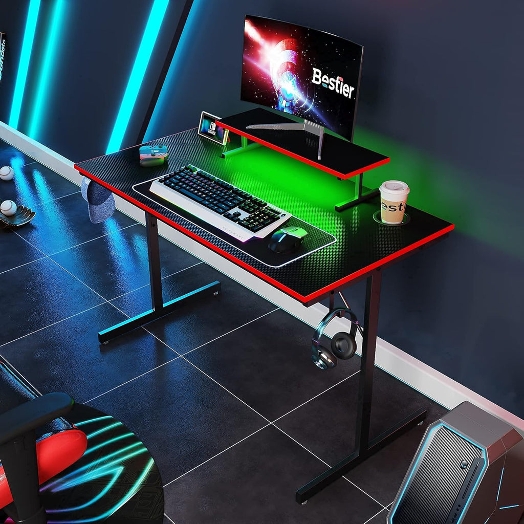 Gaming Desk with LED Lights 44" Small Computer Desk for Home Office Table with Cup Holder and 2 Headphone Hooks, Black