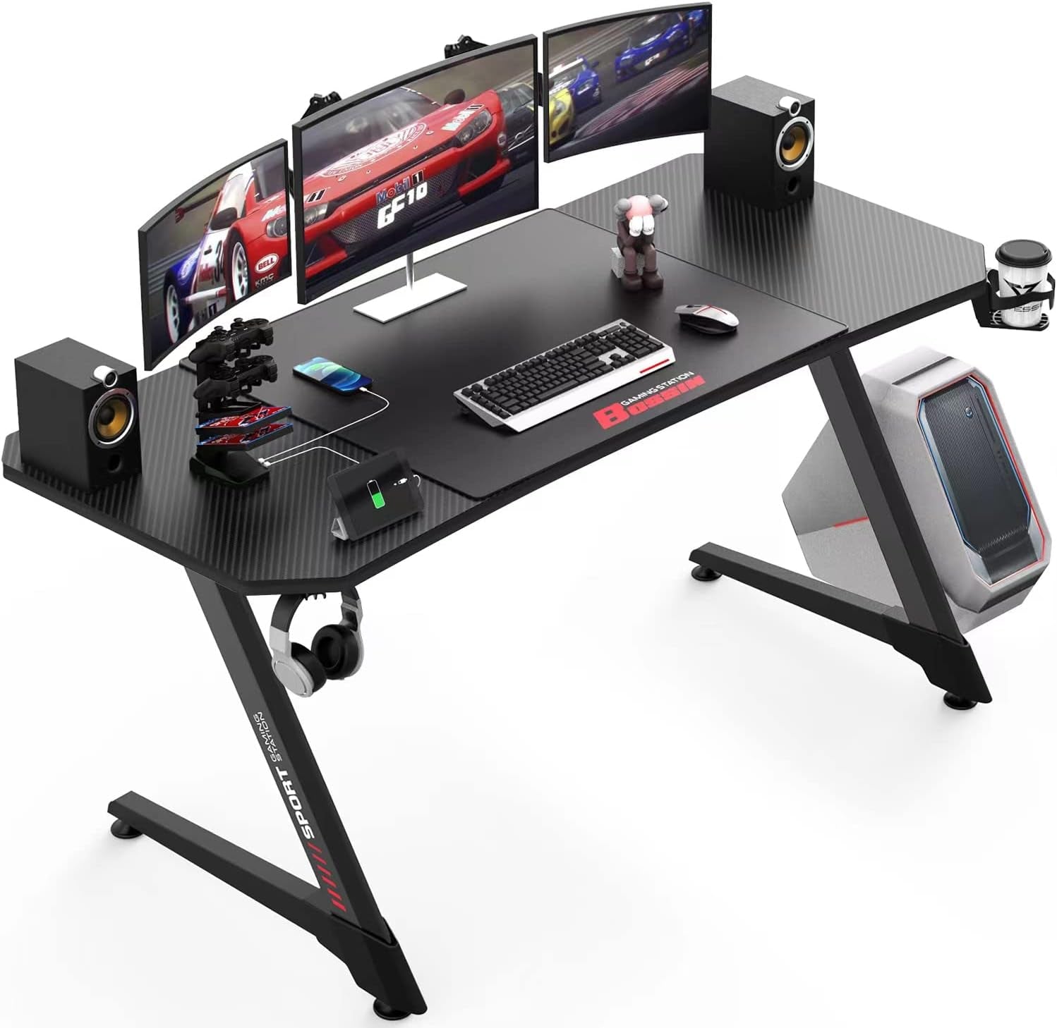 Ergonomic Gaming Desk 55 Inch, Z Shaped Office PC Computer Desk with Mouse Pad, Gamer Tables with Gaming Handle Rack, Cup Holder Headphone Hook